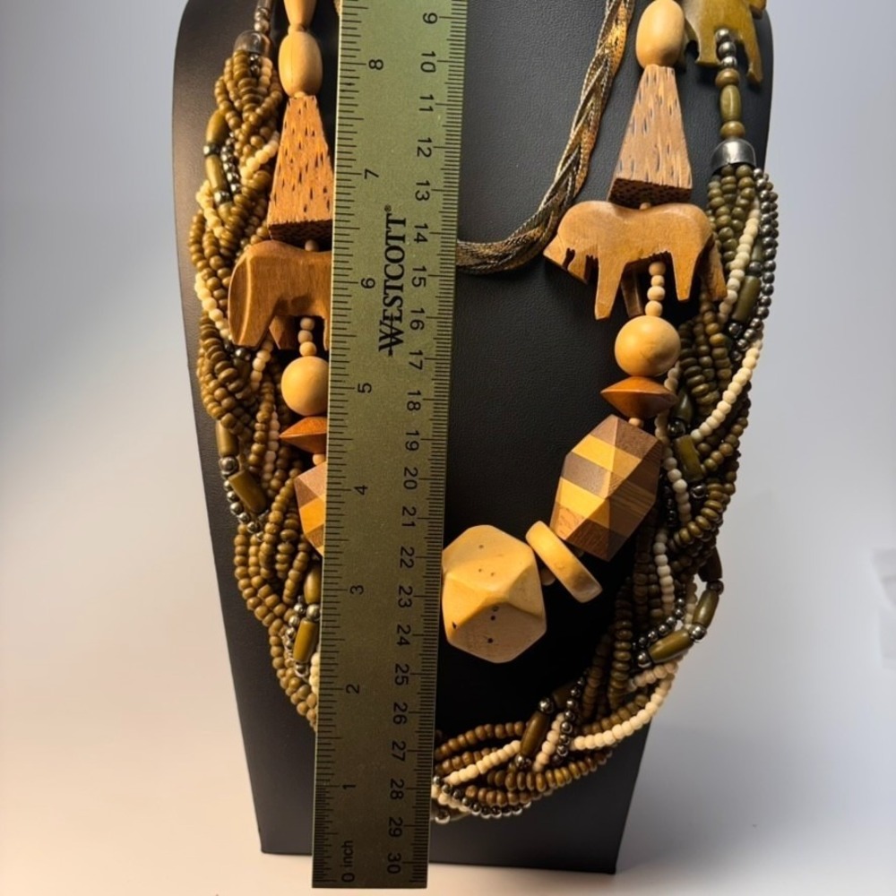 Chunky Vintage Necklace Wood Beads Seeds Carved Animals Boho Maximalist 1970s - Picture 8 of 16
